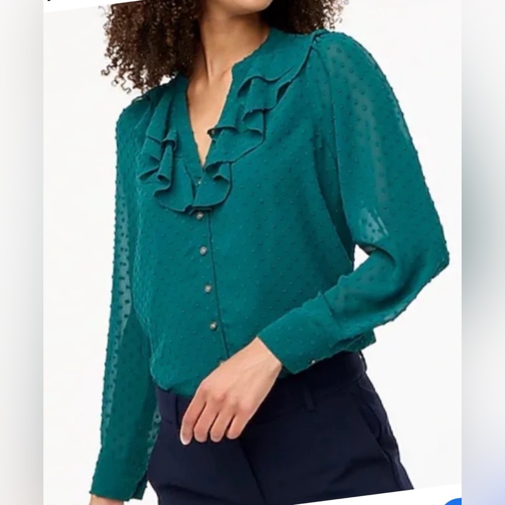 J Crew Women’s Ruffle Long Sleeve Blouse, Size M, Green.